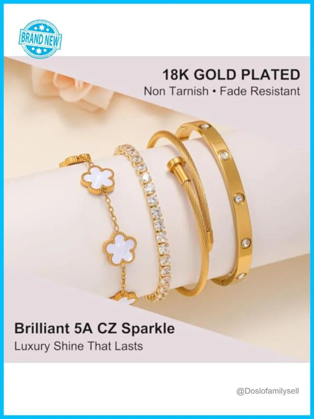 18K Gold Plated Womens Stackable Bracelets Set of 4 – Love Bangle, Tennis